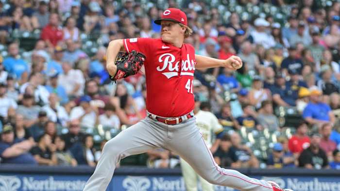 Cincinnati Reds pitcher Andrew Abbott (41) pitches against the Milwaukee Brewers in the first inning at American Family Field.